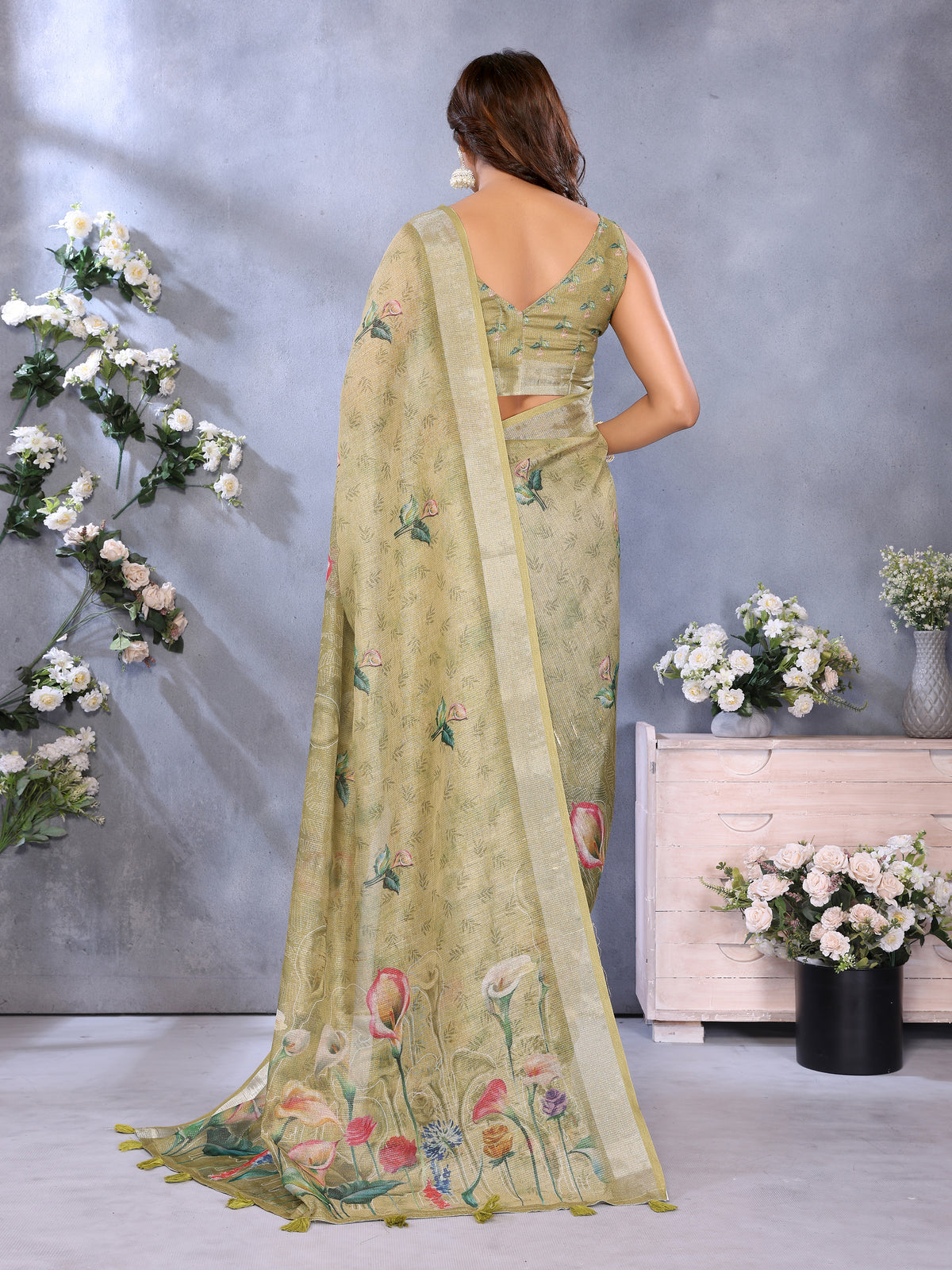 Olive Green Floral Shimmer Linen Cotton Saree for Women