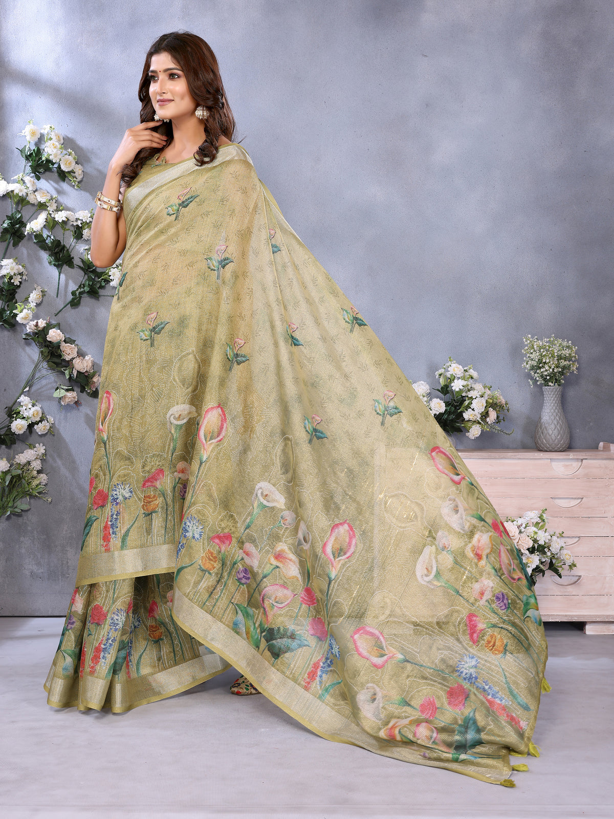 Olive Green Floral Shimmer Linen Cotton Saree for Women