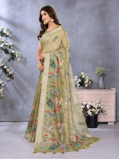 Olive Green Floral Shimmer Linen Cotton Saree for Women