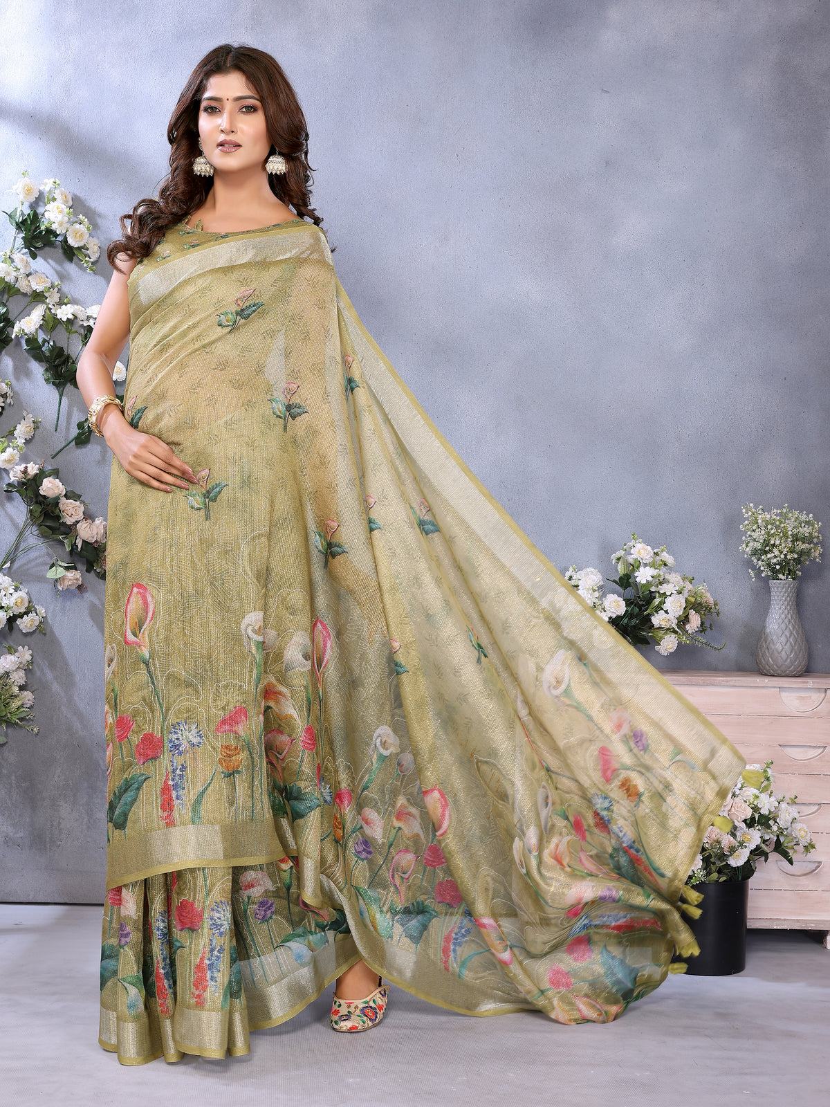 Olive Green Floral Shimmer Linen Cotton Saree for Women