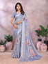 Blue Floral Printed Shimmer Linen Cotton Saree for Women