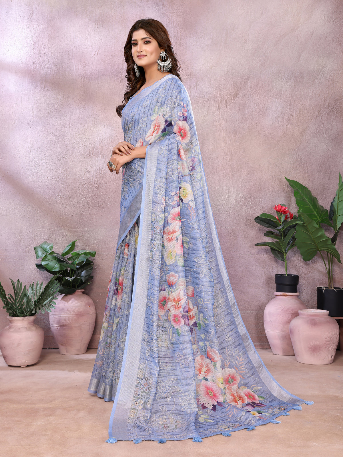 Blue Floral Printed Shimmer Linen Cotton Saree for Women