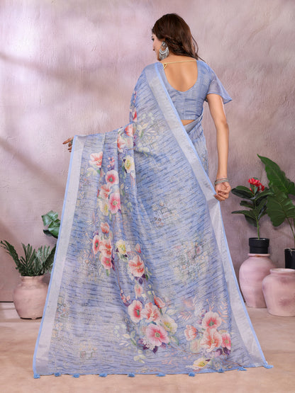 Blue Floral Printed Shimmer Linen Cotton Saree for Women
