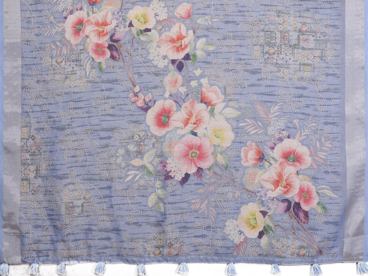 Blue Floral Printed Shimmer Linen Cotton Saree for Women