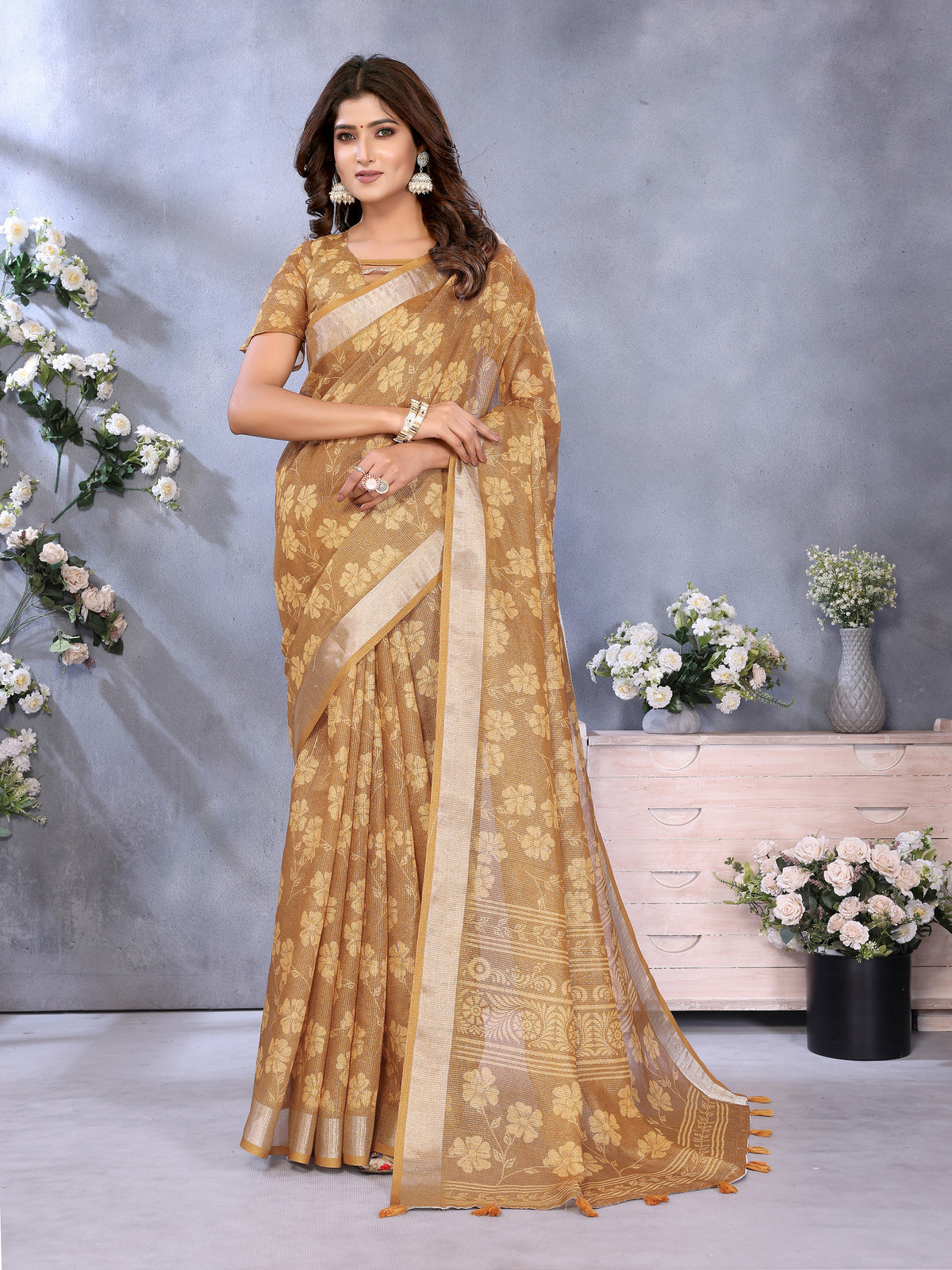 Mustard Brown Shimmer Linen Cotton Floral Saree with Border for Women