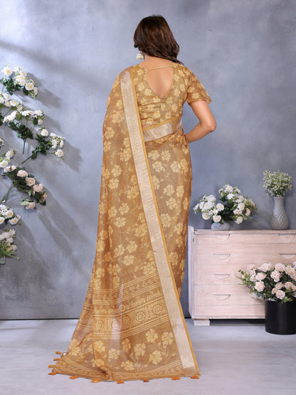 Mustard Brown Shimmer Linen Cotton Floral Saree with Border for Women