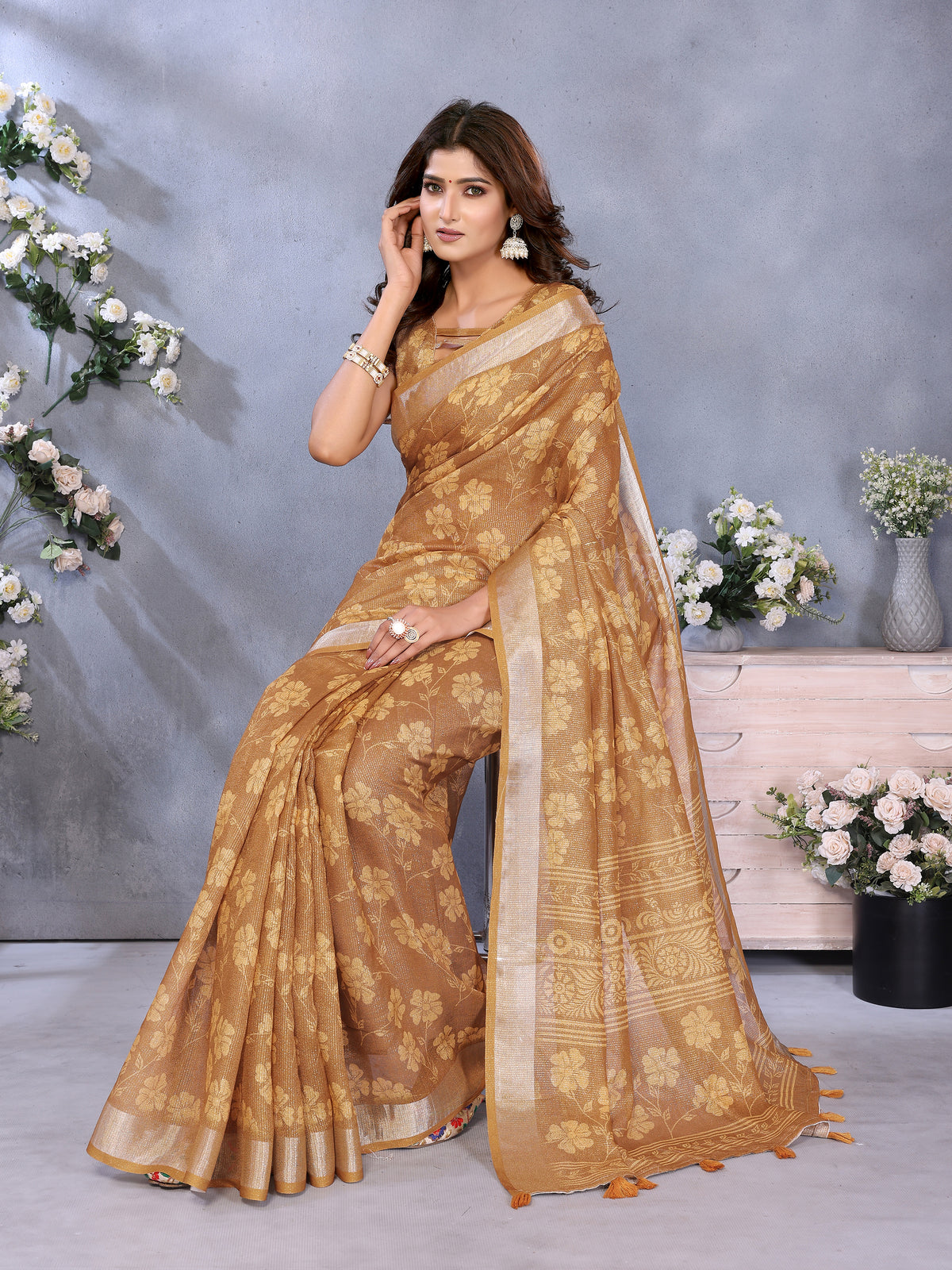 Mustard Brown Shimmer Linen Cotton Floral Saree with Border for Women