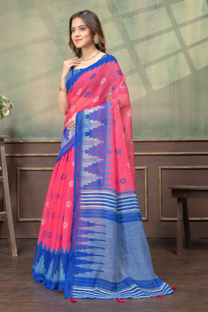 Coral Pink &amp; Royal Blue Printed Saree with Designer Border for Women