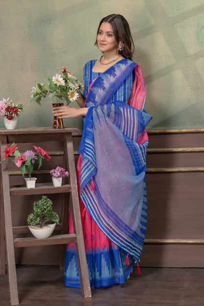 Coral Pink &amp; Royal Blue Printed Saree with Designer Border for Women