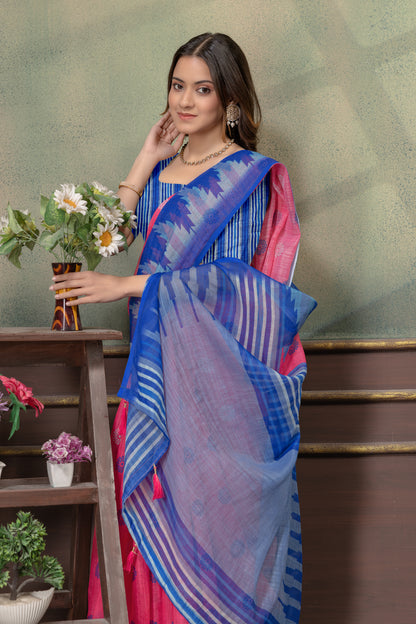 Coral Pink &amp; Royal Blue Printed Saree with Designer Border for Women