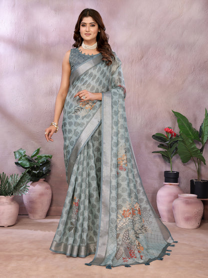 Pastel Sage Shimmer Linen Cotton Floral Ethnic Saree Womens for Women