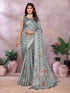 Pastel Sage Shimmer Linen Cotton Floral Ethnic Saree Womens for Women
