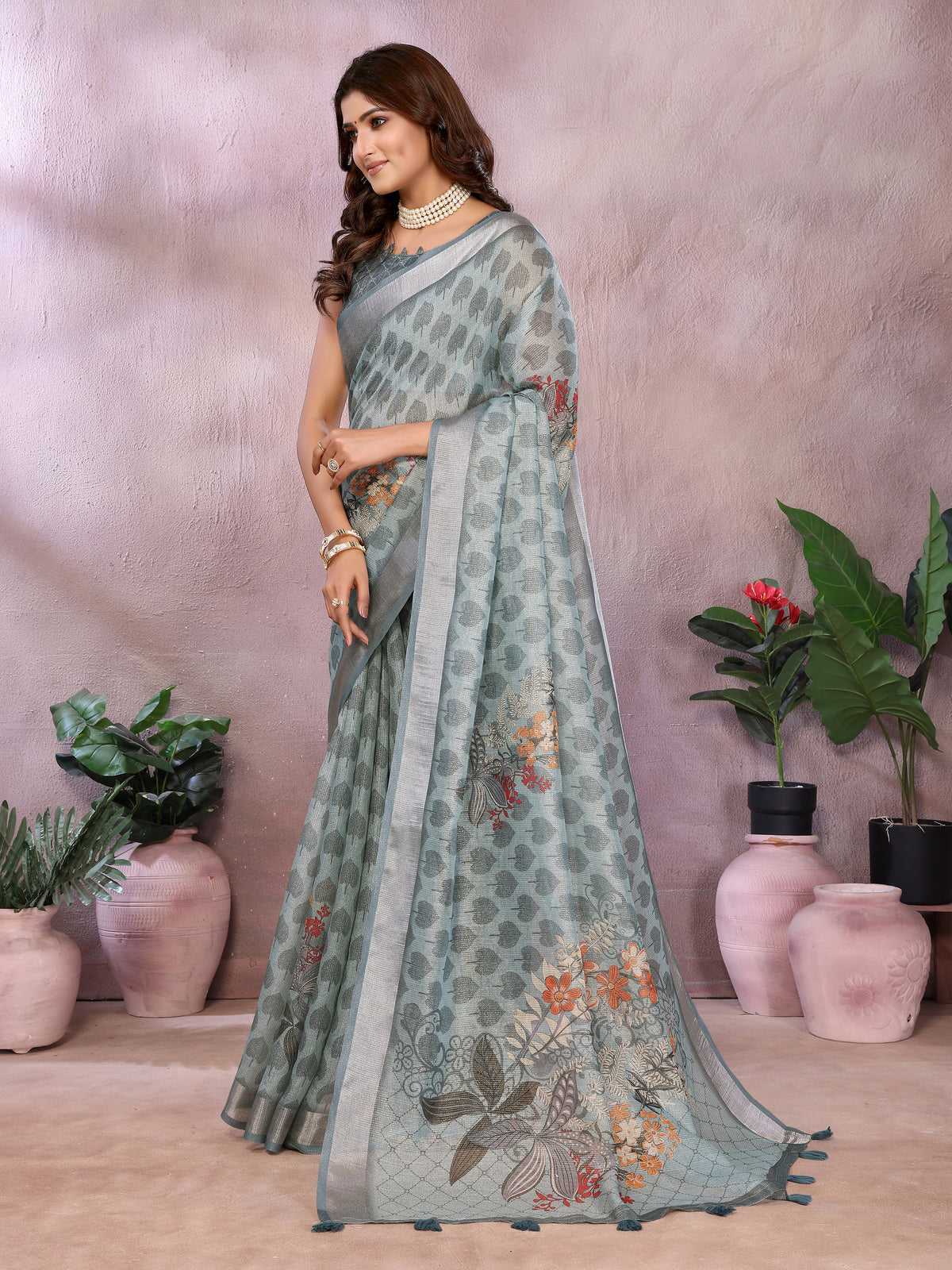 Pastel Sage Shimmer Linen Cotton Floral Ethnic Saree Womens for Women