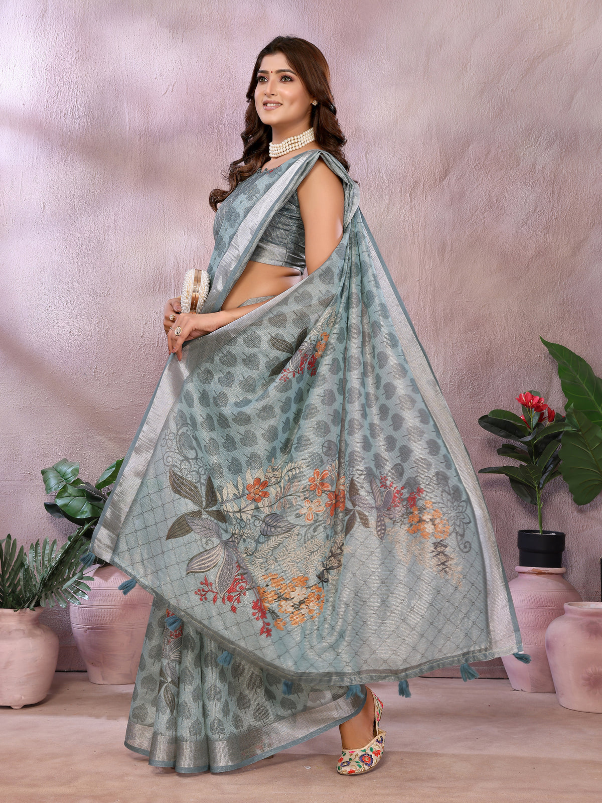 Pastel Sage Shimmer Linen Cotton Floral Ethnic Saree Womens for Women