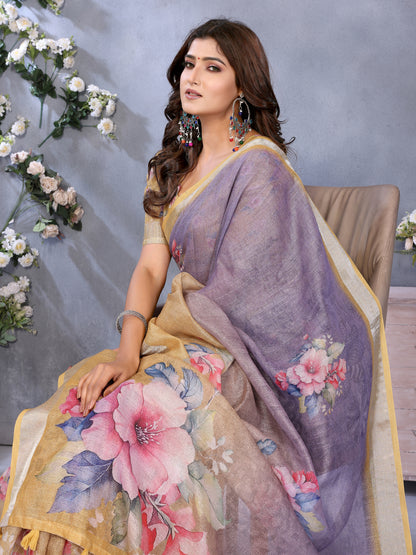 Pastel Lavender Floral Saree with Printed Pallu &amp; Gold Trim for Women