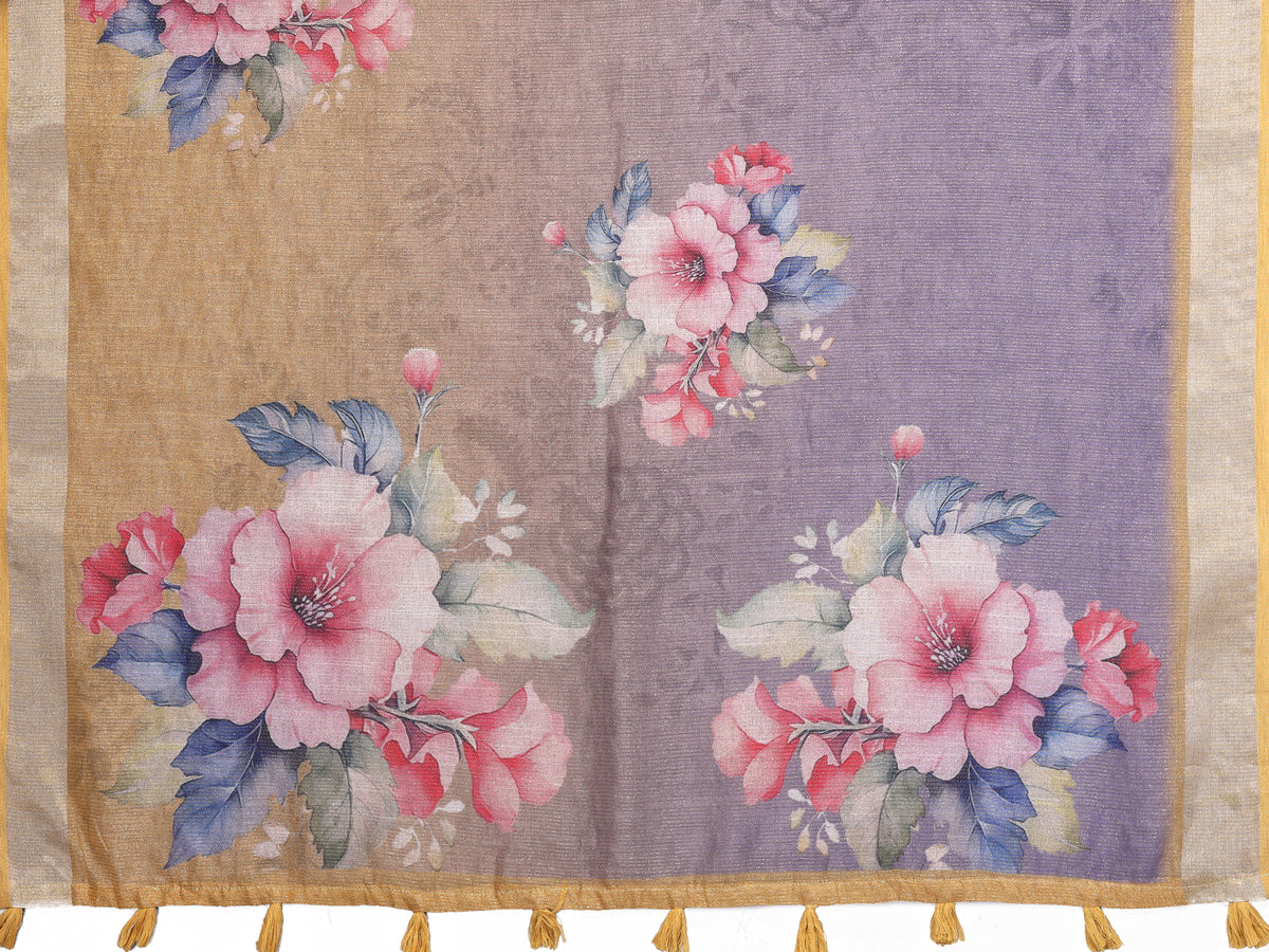 Pastel Lavender Floral Saree with Printed Pallu &amp; Gold Trim for Women