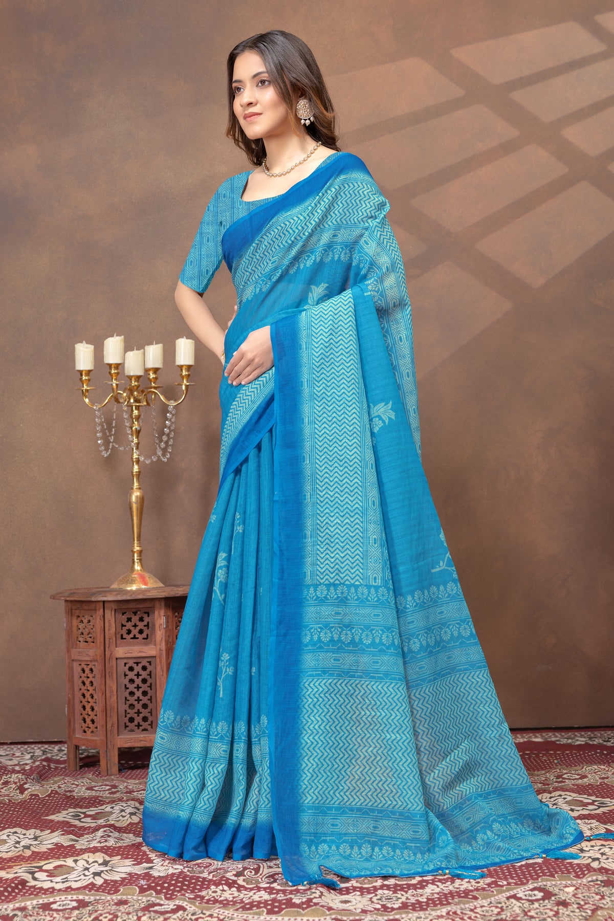 Sky Blue Printed Satin Saree with Designer Contrast Border for Women