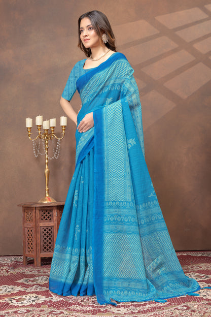Sky Blue Printed Satin Saree with Designer Contrast Border for Women