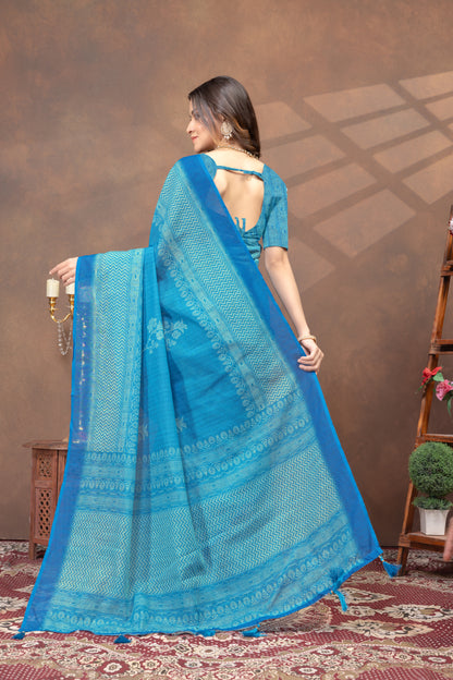 Sky Blue Printed Satin Saree with Designer Contrast Border for Women