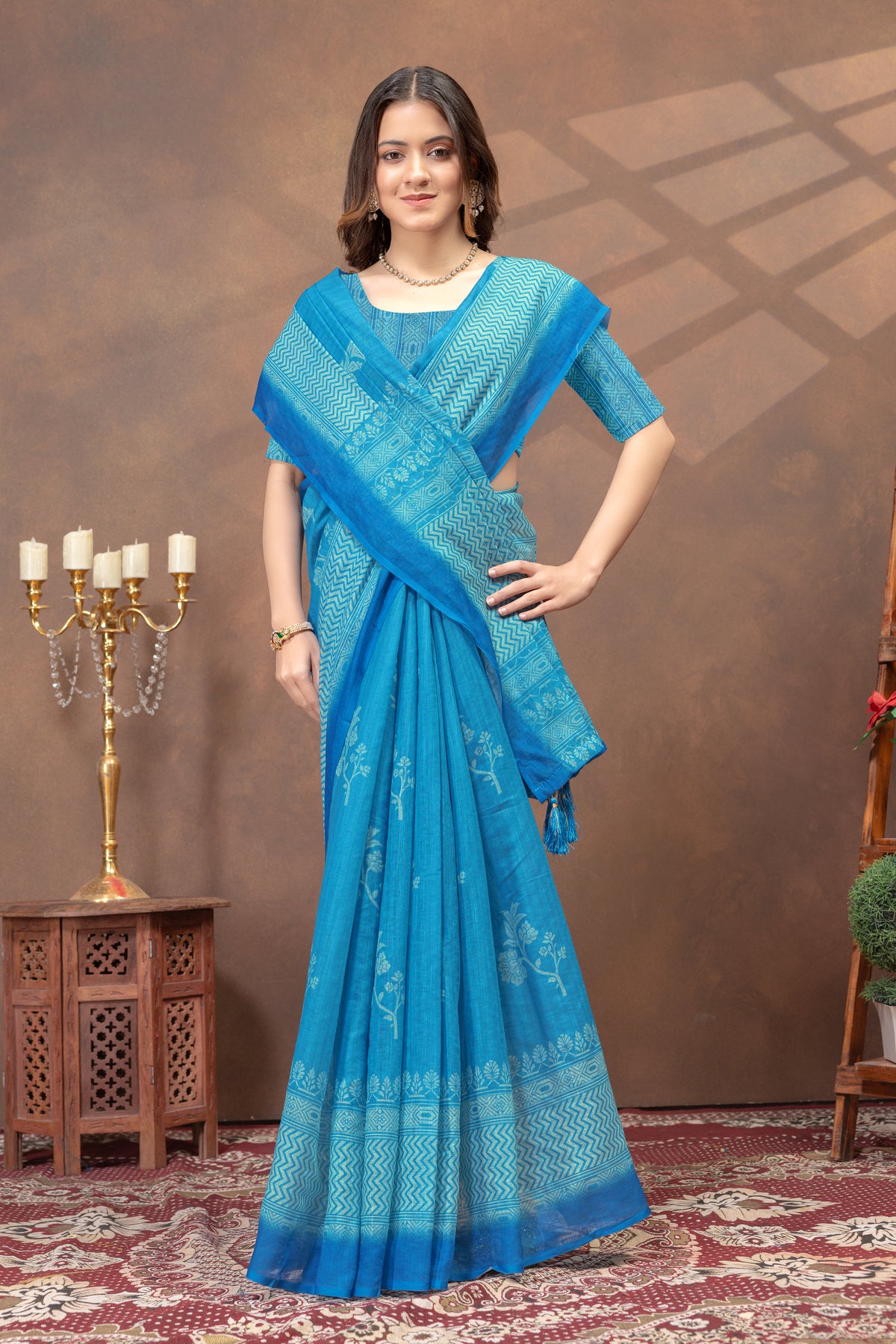 Sky Blue Printed Satin Saree with Designer Contrast Border for Women