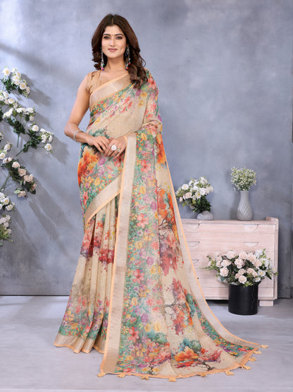 Peach Floral Digital Print Shimmer Linen Cotton Saree for Women