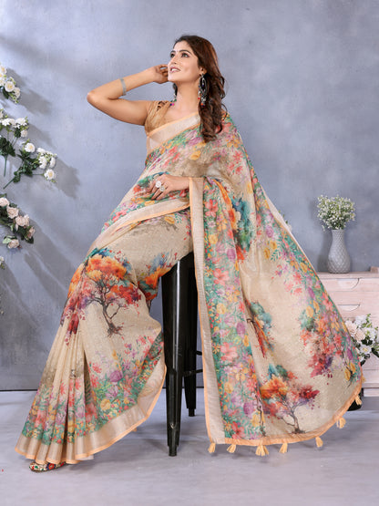 Peach Floral Digital Print Shimmer Linen Cotton Saree for Women