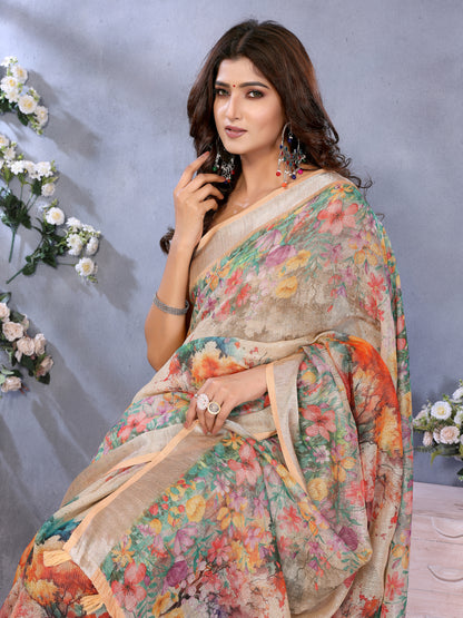 Peach Floral Digital Print Shimmer Linen Cotton Saree for Women