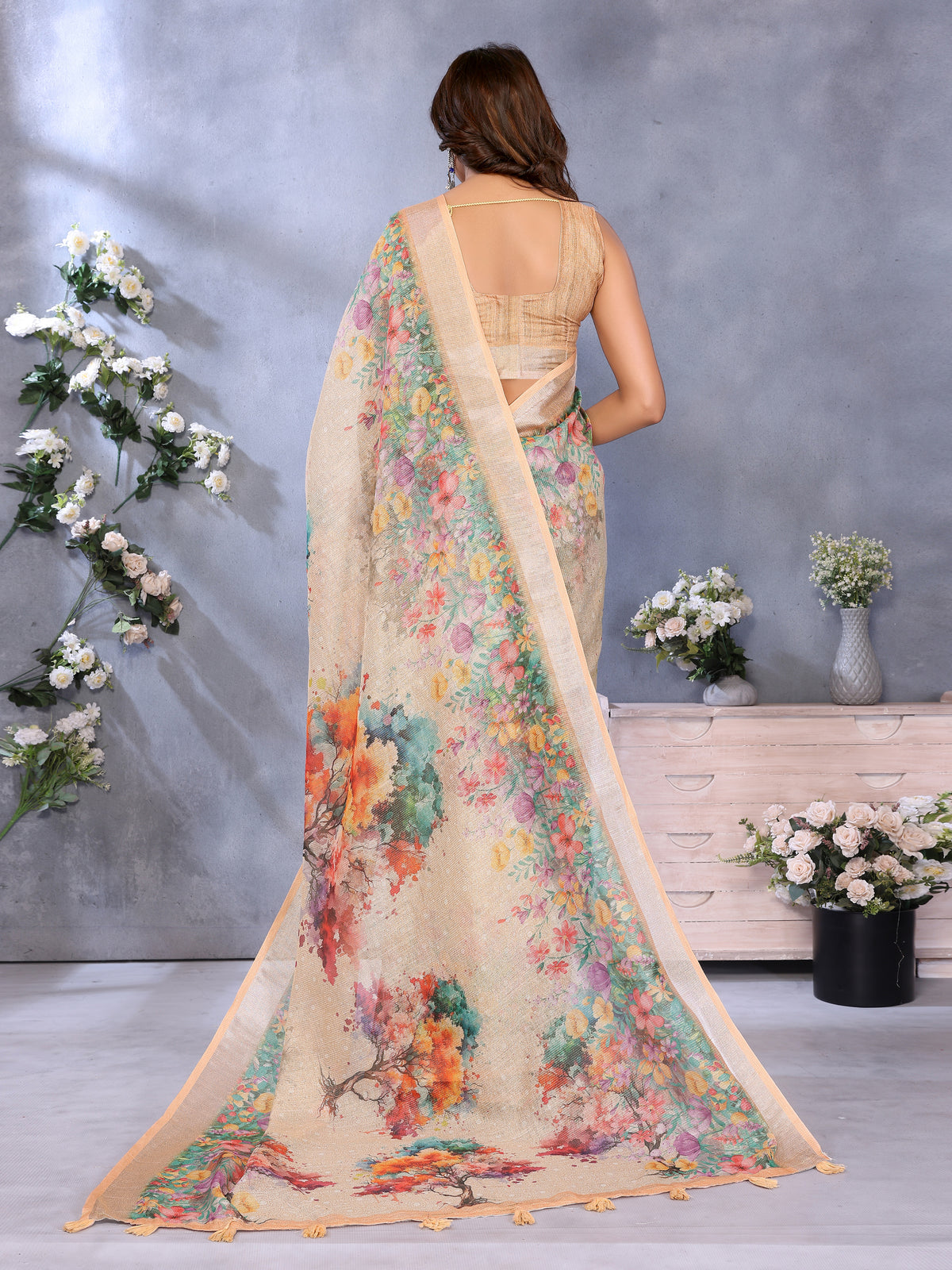 Peach Floral Digital Print Shimmer Linen Cotton Saree for Women