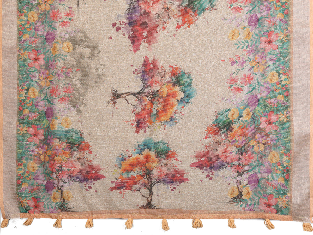 Peach Floral Digital Print Shimmer Linen Cotton Saree for Women