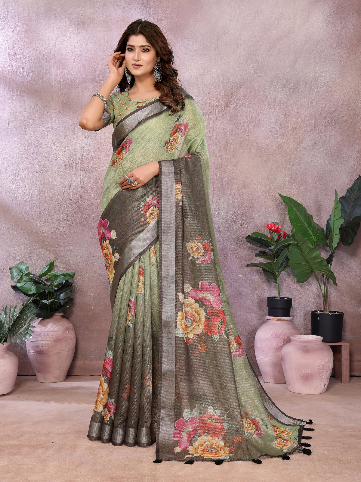 Sage Green Floral Shimmer Linen Cotton Saree for Women
