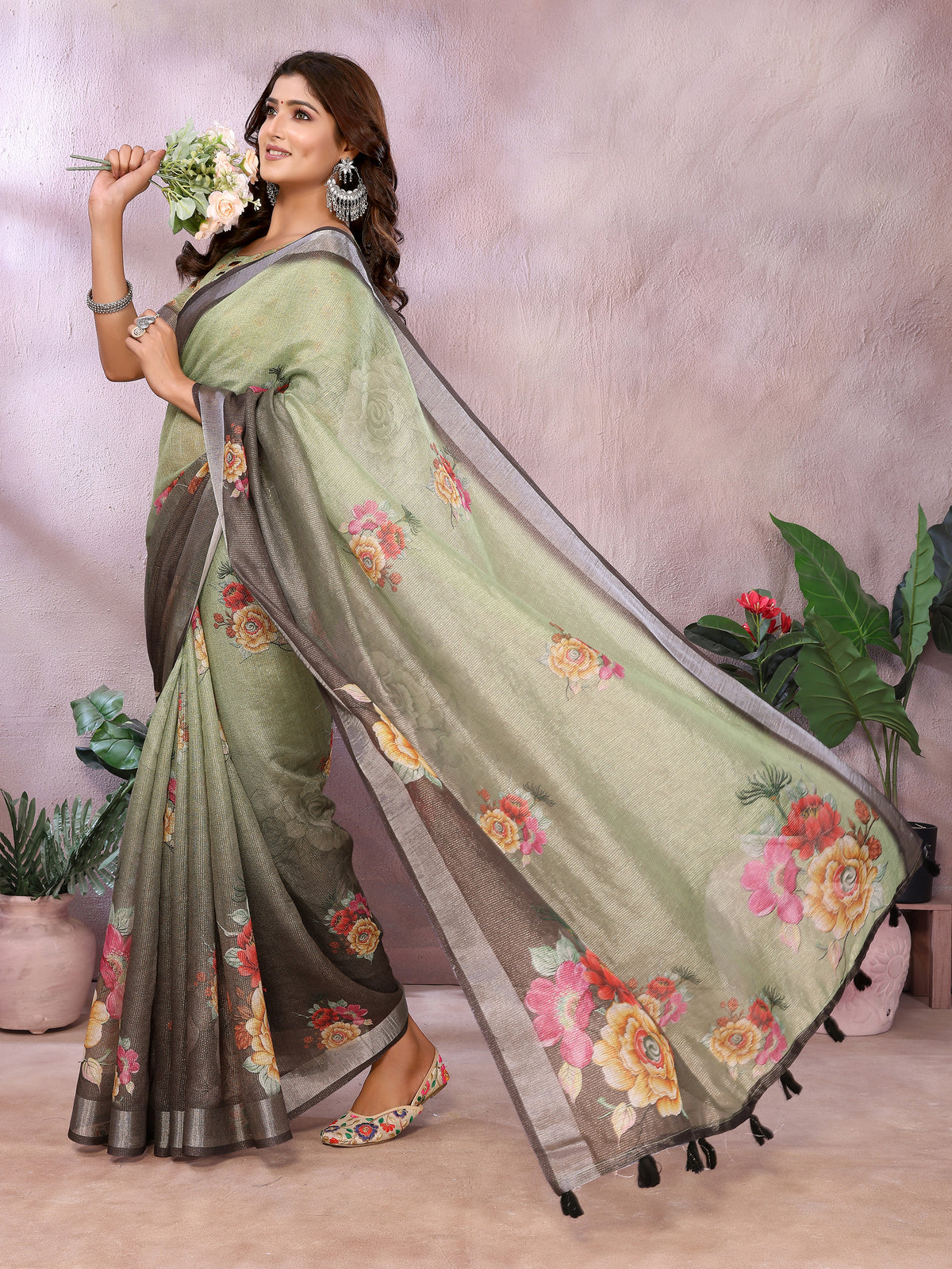 Sage Green Floral Shimmer Linen Cotton Saree for Women