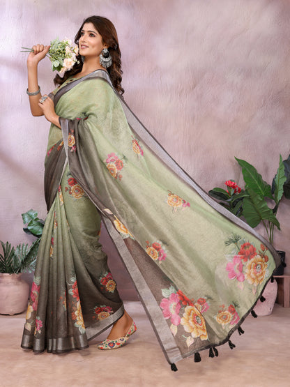 Sage Green Floral Shimmer Linen Cotton Saree for Women
