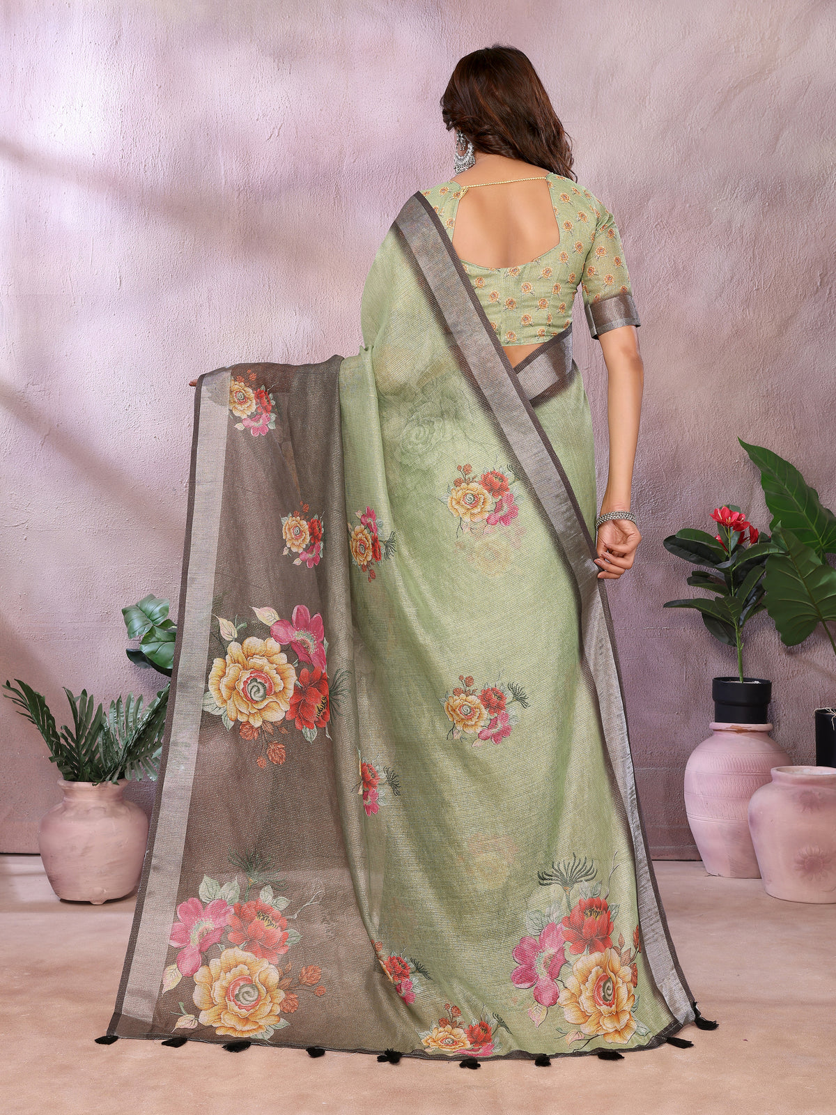 Sage Green Floral Shimmer Linen Cotton Saree for Women