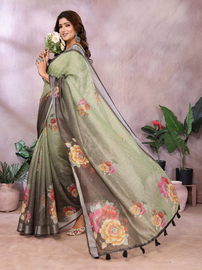 Sage Green Floral Shimmer Linen Cotton Saree for Women