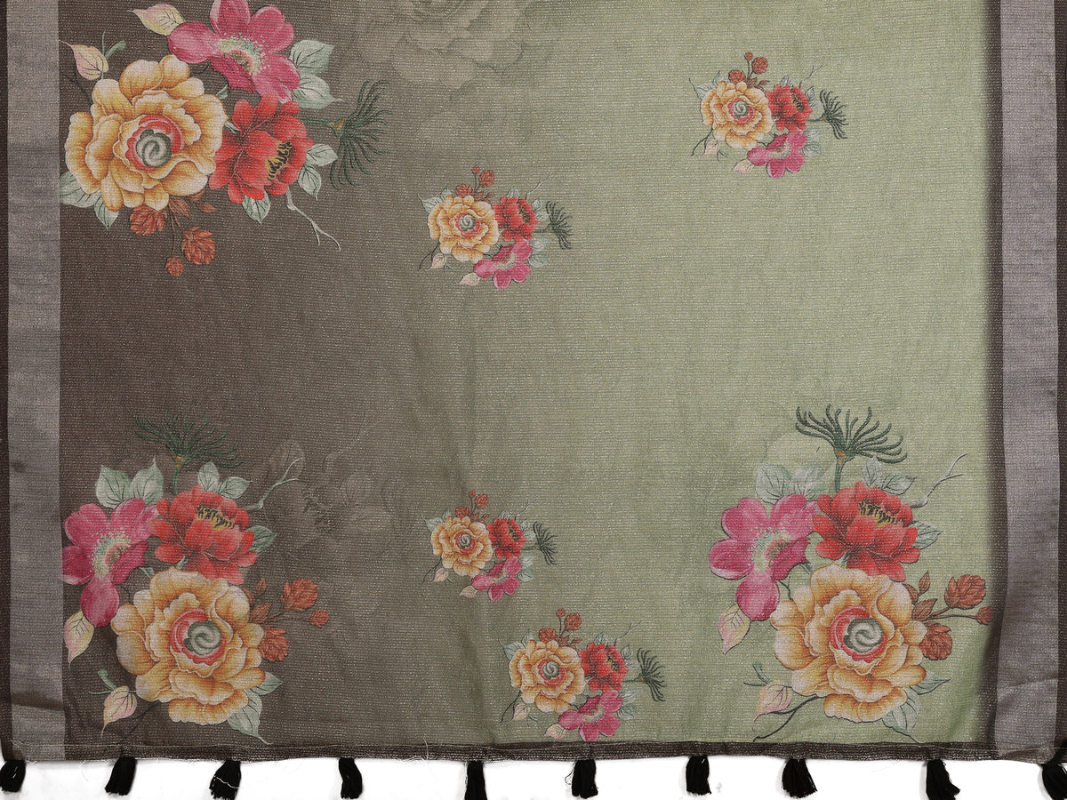 Sage Green Floral Shimmer Linen Cotton Saree for Women