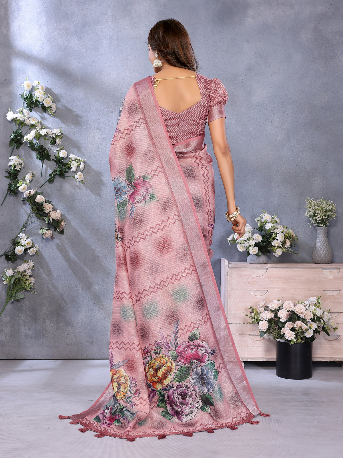 Blush Pink Floral Printed Shimmer Linen Cotton Saree for Women