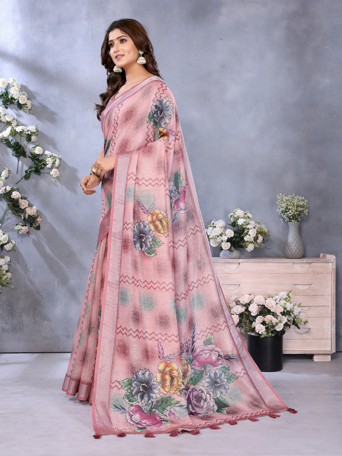 Blush Pink Floral Printed Shimmer Linen Cotton Saree for Women