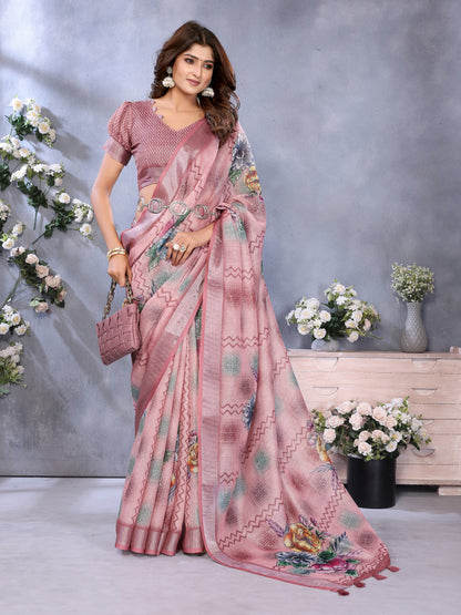 Blush Pink Floral Printed Shimmer Linen Cotton Saree for Women
