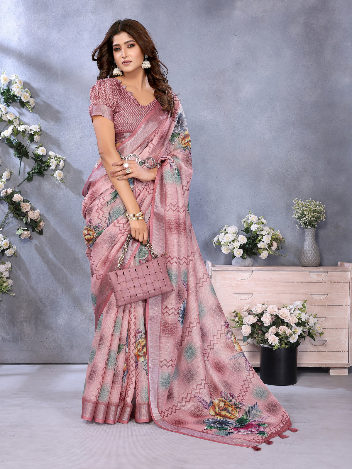 Blush Pink Floral Printed Shimmer Linen Cotton Saree for Women