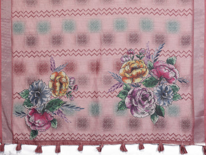 Blush Pink Floral Printed Shimmer Linen Cotton Saree for Women