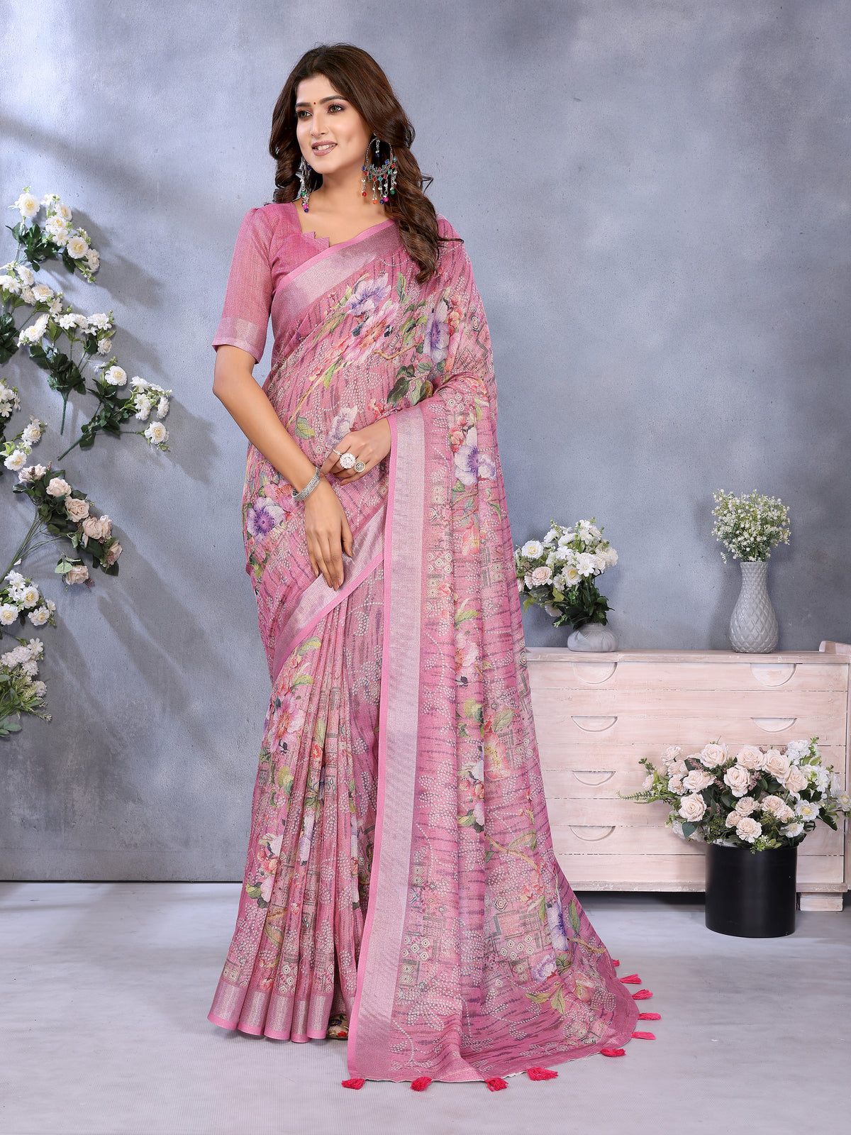 Rose Pink Floral Printed Linen Cotton Saree for Women