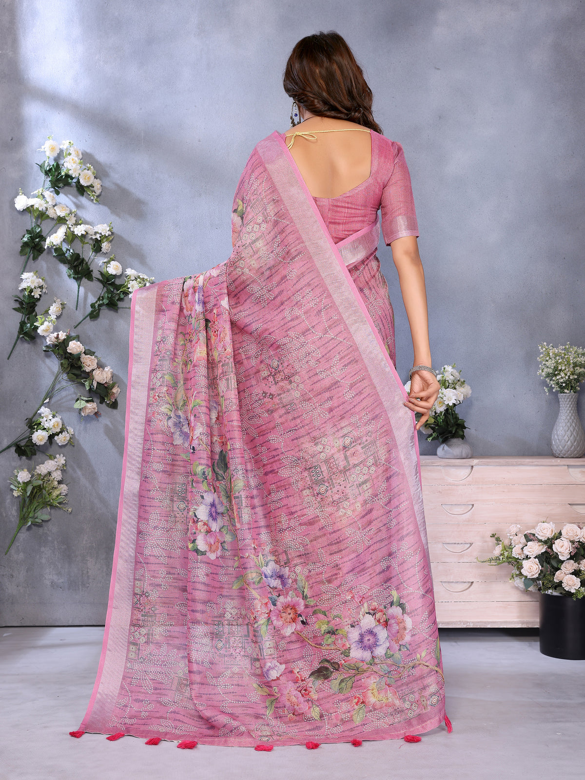 Rose Pink Floral Printed Linen Cotton Saree for Women