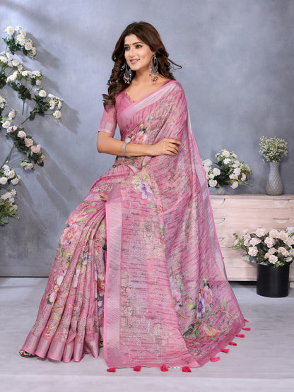 Rose Pink Floral Printed Linen Cotton Saree for Women
