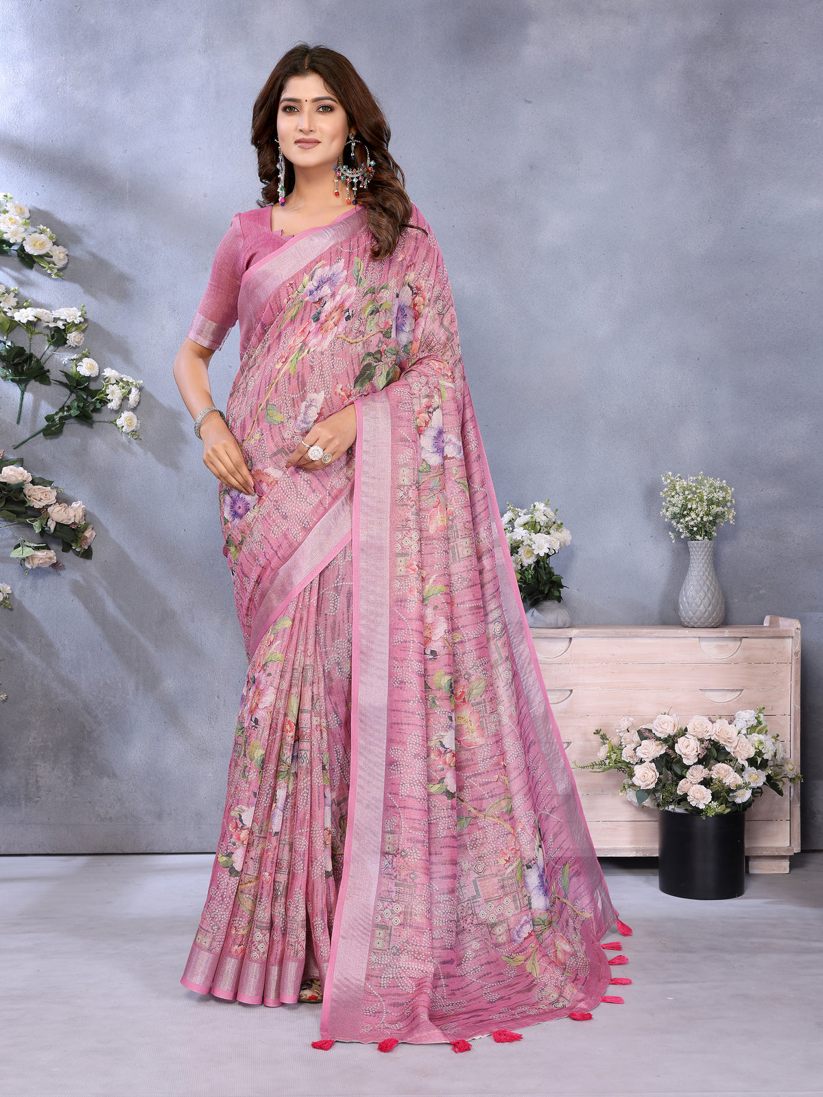 Rose Pink Floral Printed Linen Cotton Saree for Women