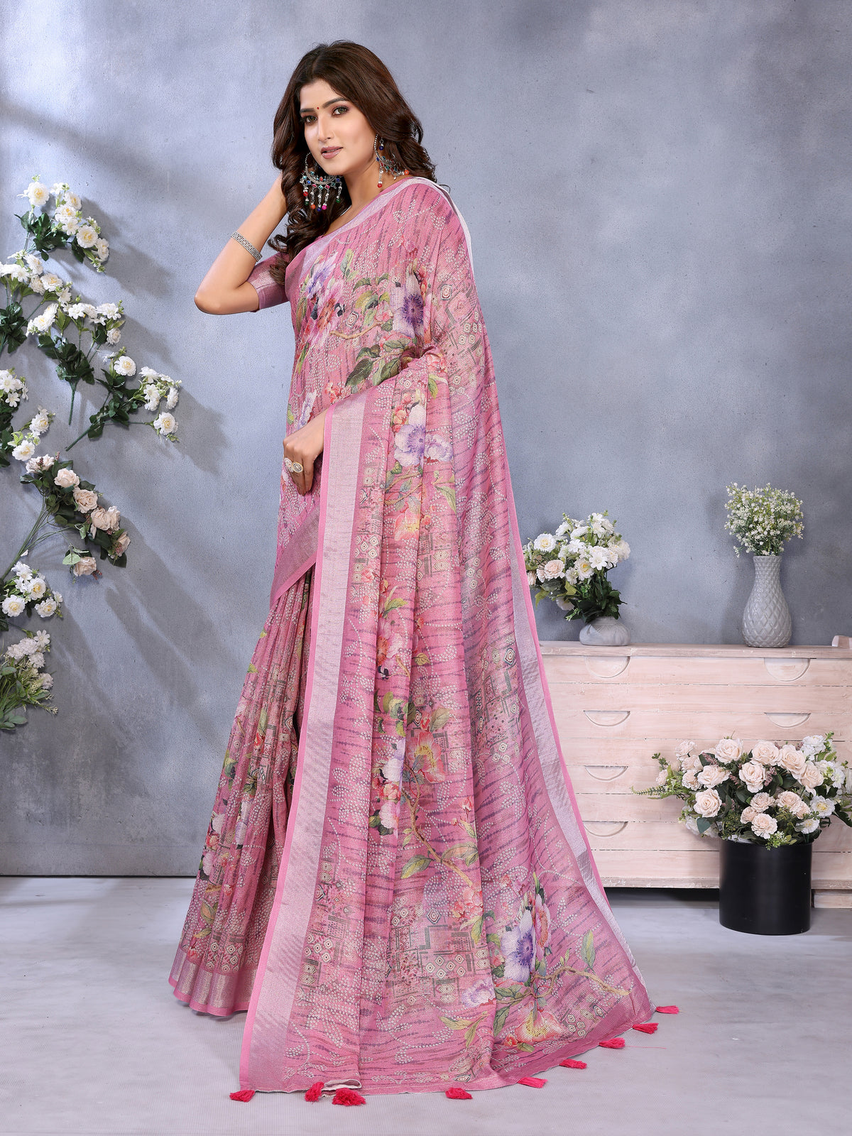 Rose Pink Floral Printed Linen Cotton Saree for Women