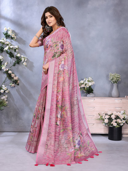 Rose Pink Floral Printed Linen Cotton Saree for Women