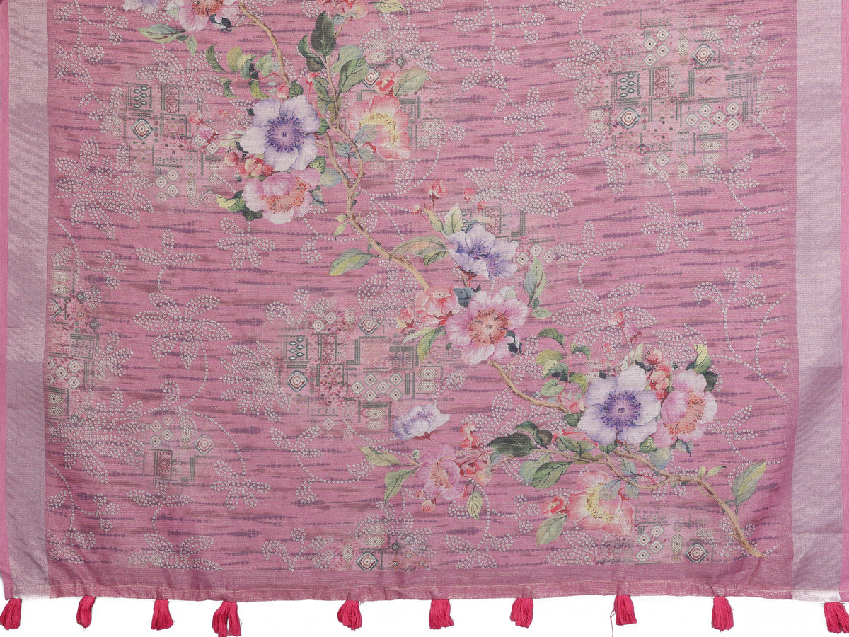Rose Pink Floral Printed Linen Cotton Saree for Women