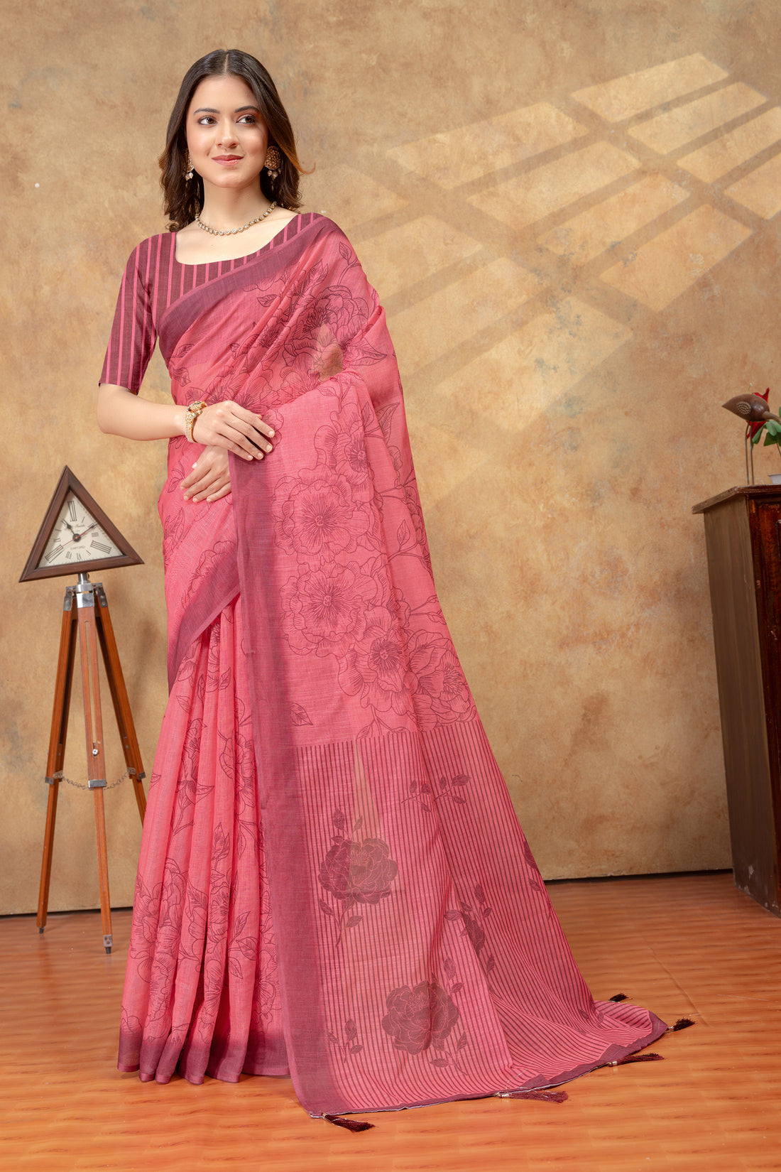 Rose Pink Floral Printed Saree with Striped Border for Women