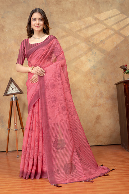 Rose Pink Floral Printed Saree with Striped Border for Women