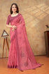 Rose Pink Floral Printed Saree with Striped Border for Women